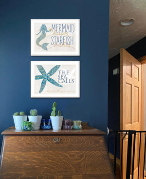 English Elm "mermaid Kisses Starfish Wishes" Two Piece Coastal Wall Art Set in White Frame B06789421