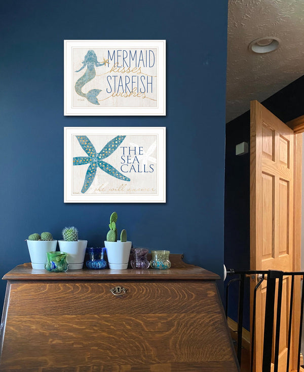English Elm "mermaid Kisses Starfish Wishes" Two Piece Coastal Wall Art Set in White Frame B06789421