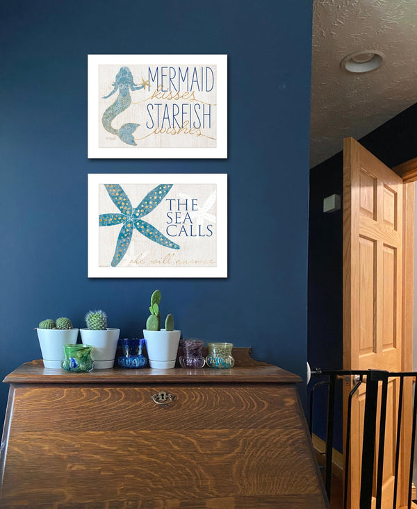 English Elm "mermaid Kisses Starfish Wishes" Kate Sherrill Coastal Framed 2-piece Wall Art B06789420