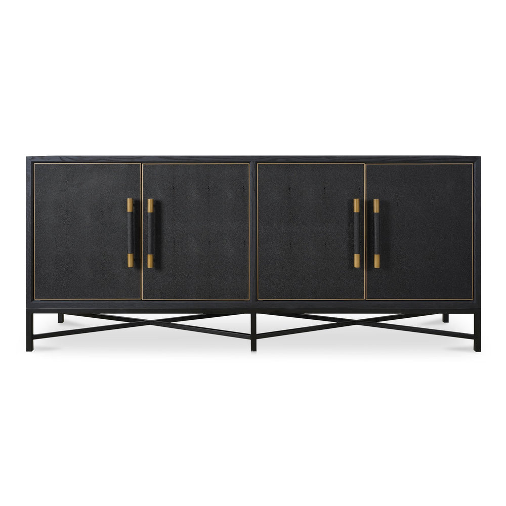Moe's Home Mako Sideboard: Art Deco-inspired Storage Solution With Vegan Leather & Antique Gold Accents Black Shagreen Patterned Polyurethane,Solid Black Oak Frame Vl-1048-02
