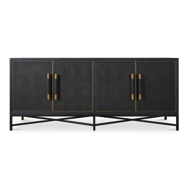 Moe's Home Mako Sideboard: Art Deco-inspired Storage Solution With Vegan Leather & Antique Gold Accents Black Shagreen Patterned Polyurethane,Solid Black Oak Frame Vl-1048-02