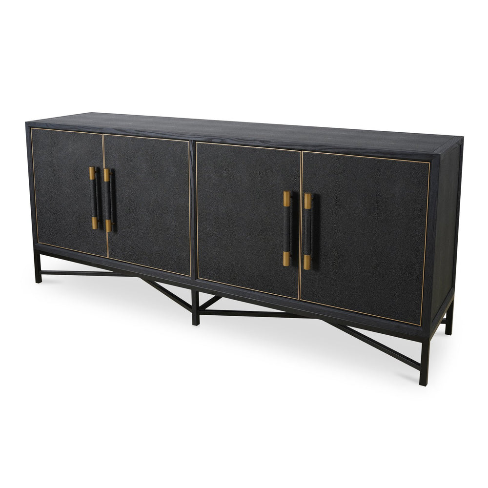 Moe's Home Mako Sideboard: Art Deco-inspired Storage Solution With Vegan Leather & Antique Gold Accents Black Shagreen Patterned Polyurethane,Solid Black Oak Frame Vl-1048-02