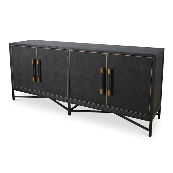 Moe's Home Mako Sideboard: Art Deco-inspired Storage Solution With Vegan Leather & Antique Gold Accents Black Shagreen Patterned Polyurethane,Solid Black Oak Frame Vl-1048-02