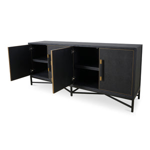 Moe's Home Mako Sideboard: Art Deco-inspired Storage Solution With Vegan Leather & Antique Gold Accents Black Shagreen Patterned Polyurethane,Solid Black Oak Frame Vl-1048-02