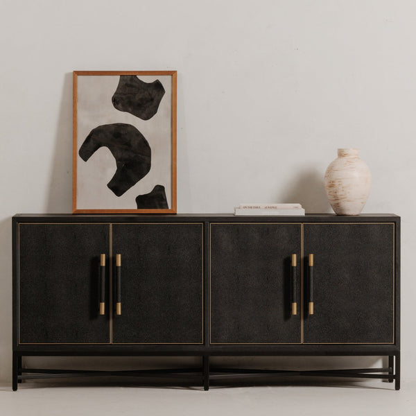 Moe's Home Mako Sideboard: Art Deco-inspired Storage Solution With Vegan Leather & Antique Gold Accents Black Shagreen Patterned Polyurethane,Solid Black Oak Frame Vl-1048-02