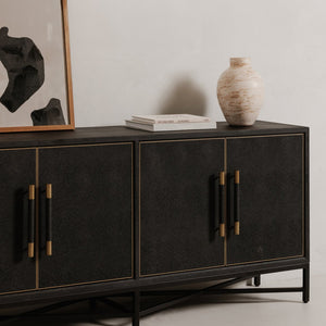 Moe's Home Mako Sideboard: Art Deco-inspired Storage Solution With Vegan Leather & Antique Gold Accents Black Shagreen Patterned Polyurethane,Solid Black Oak Frame Vl-1048-02