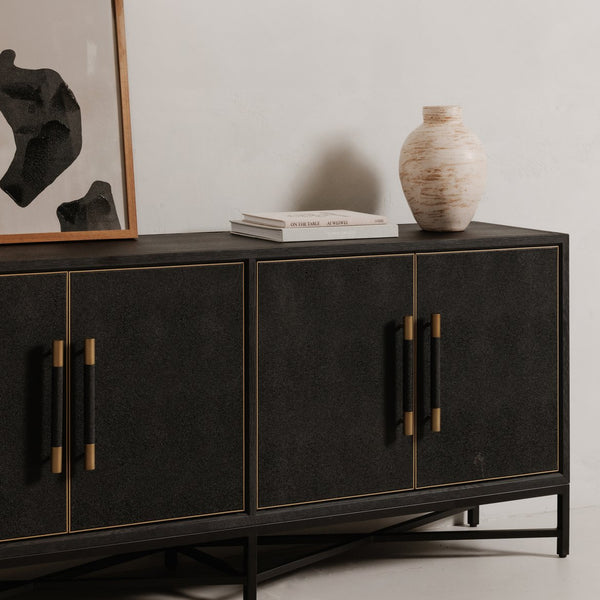 Moe's Home Mako Sideboard: Art Deco-inspired Storage Solution With Vegan Leather & Antique Gold Accents Black Shagreen Patterned Polyurethane,Solid Black Oak Frame Vl-1048-02