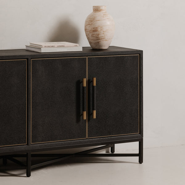 Moe's Home Mako Sideboard: Art Deco-inspired Storage Solution With Vegan Leather & Antique Gold Accents Black Shagreen Patterned Polyurethane,Solid Black Oak Frame Vl-1048-02