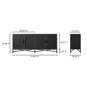 Moe's Home Mako Sideboard: Art Deco-inspired Storage Solution With Vegan Leather & Antique Gold Accents Black Shagreen Patterned Polyurethane,Solid Black Oak Frame Vl-1048-02