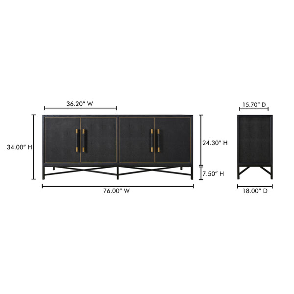 Moe's Home Mako Sideboard: Art Deco-inspired Storage Solution With Vegan Leather & Antique Gold Accents Black Shagreen Patterned Polyurethane,Solid Black Oak Frame Vl-1048-02
