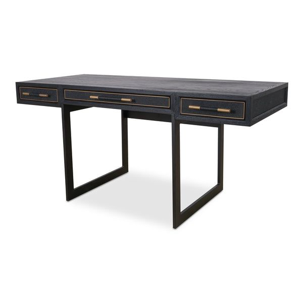Moe's Home Mako Desk – Elegant Vegan Leather Shagreen With Solid Oak Frame & Brass Detailing For Stylish Spaces Black Solid Oak In Frame,Pu Vl-1053-02