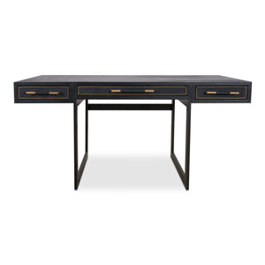Moe's Home Mako Desk – Elegant Vegan Leather Shagreen With Solid Oak Frame & Brass Detailing For Stylish Spaces Black Solid Oak In Frame,Pu Vl-1053-02