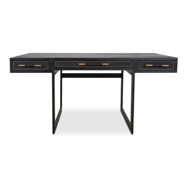 Moe's Home Mako Desk – Elegant Vegan Leather Shagreen With Solid Oak Frame & Brass Detailing For Stylish Spaces Black Solid Oak In Frame,Pu Vl-1053-02