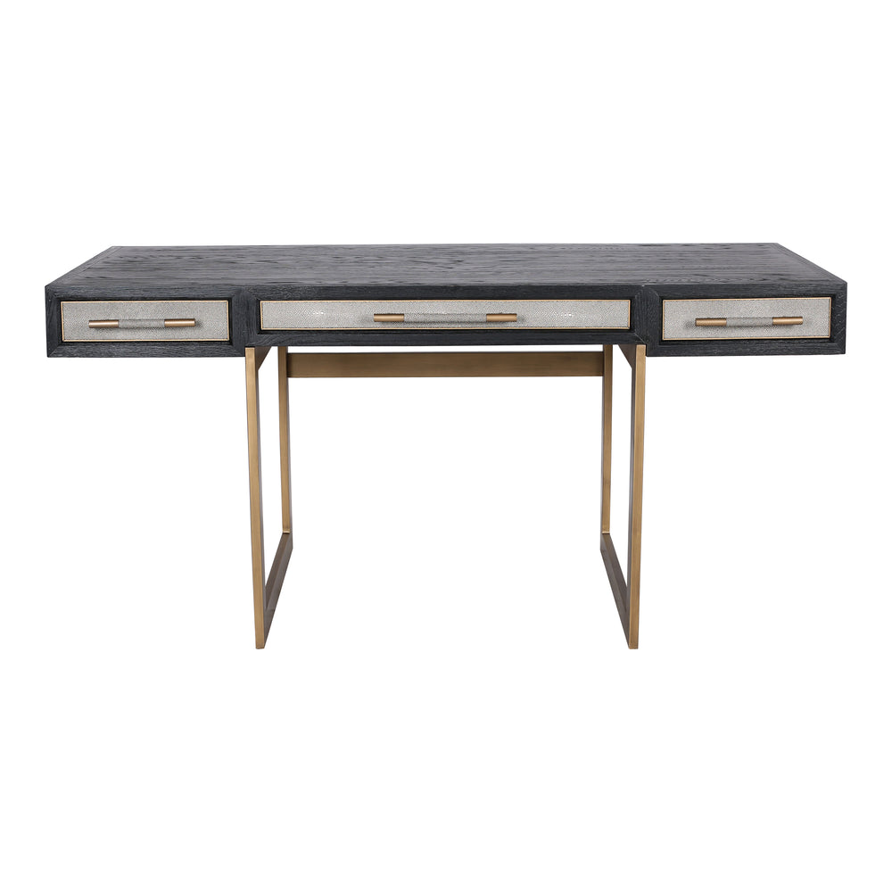 Moe's Home Mako Desk: Art Deco Inspired Vegan Leather Shagreen With Three Drawers For Chic Home Office Style Grey Shagreen Patterned Polyurethane,Solid Black Oak Frame Vl-1053-15