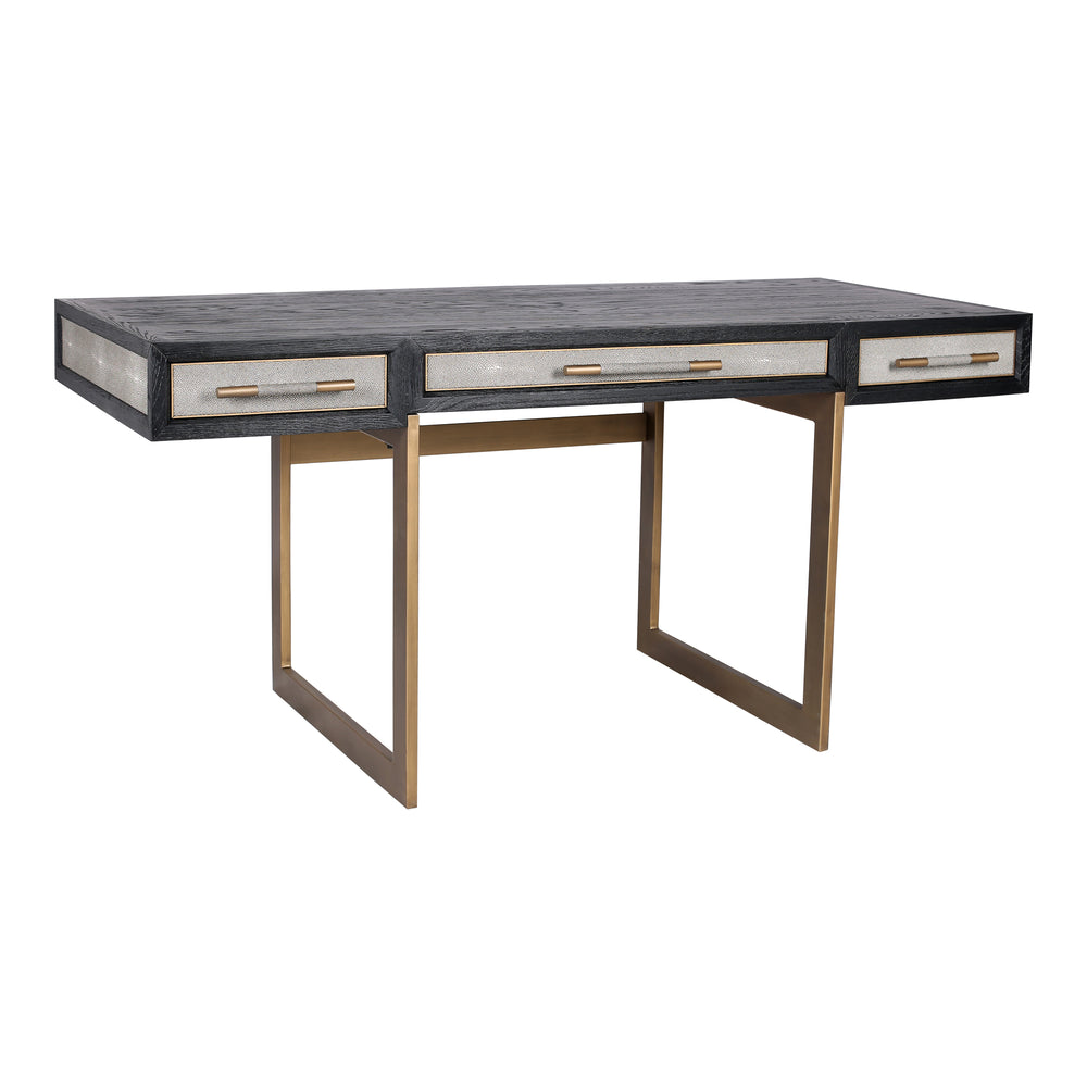 Moe's Home Mako Desk: Art Deco Inspired Vegan Leather Shagreen With Three Drawers For Chic Home Office Style Grey Shagreen Patterned Polyurethane,Solid Black Oak Frame Vl-1053-15