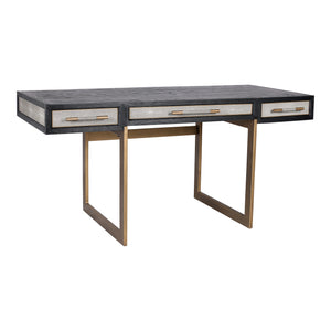 Moe's Home Mako Desk: Art Deco Inspired Vegan Leather Shagreen With Three Drawers For Chic Home Office Style Grey Shagreen Patterned Polyurethane,Solid Black Oak Frame Vl-1053-15