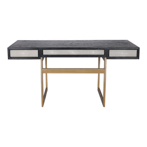 Moe's Home Mako Desk: Art Deco Inspired Vegan Leather Shagreen With Three Drawers For Chic Home Office Style Grey Shagreen Patterned Polyurethane,Solid Black Oak Frame Vl-1053-15