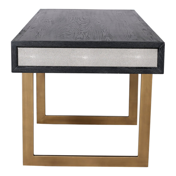Moe's Home Mako Desk: Art Deco Inspired Vegan Leather Shagreen With Three Drawers For Chic Home Office Style Grey Shagreen Patterned Polyurethane,Solid Black Oak Frame Vl-1053-15