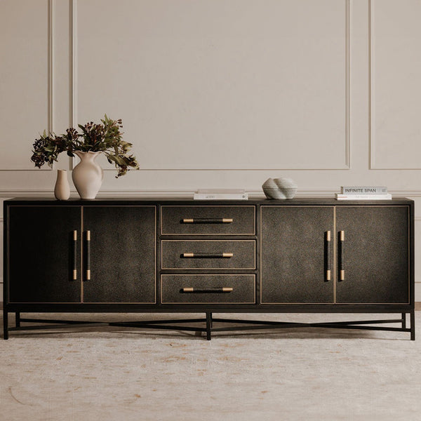 Moe's Home Mako Sideboard - Elegant Vegan Leather Shagreen Storage With Antique Gold Details And 6 Drawers Black Solid Oak In Frame,Pu Vl-1061-02
