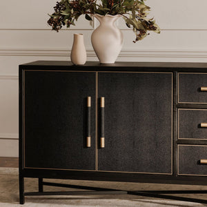 Moe's Home Mako Sideboard - Elegant Vegan Leather Shagreen Storage With Antique Gold Details And 6 Drawers Black Solid Oak In Frame,Pu Vl-1061-02