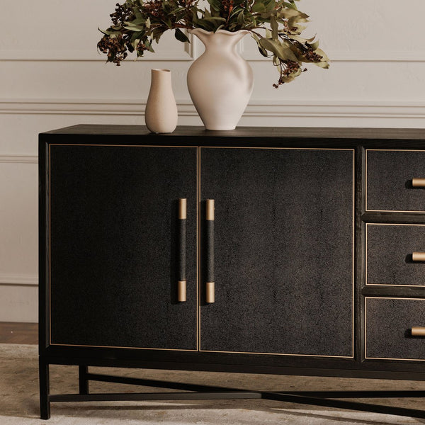 Moe's Home Mako Sideboard - Elegant Vegan Leather Shagreen Storage With Antique Gold Details And 6 Drawers Black Solid Oak In Frame,Pu Vl-1061-02