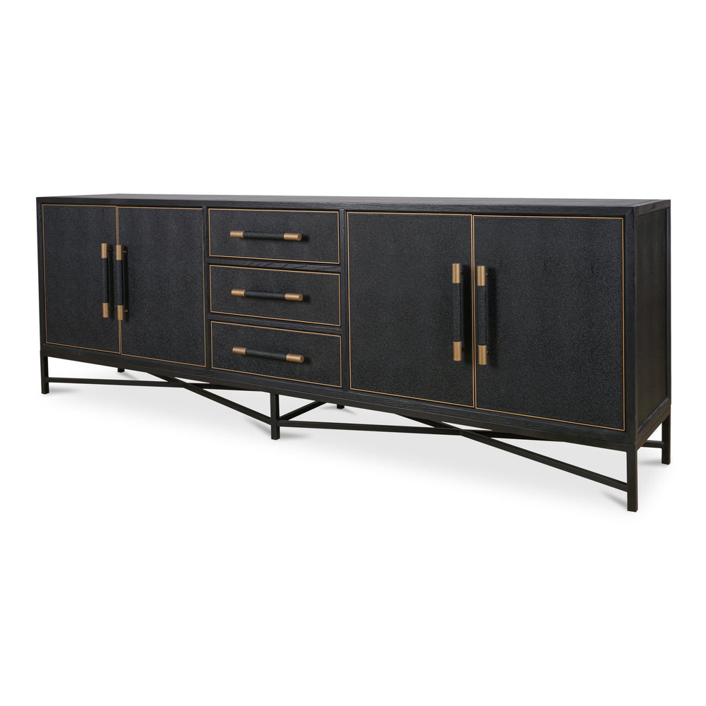 Moe's Home Mako Sideboard - Elegant Vegan Leather Shagreen Storage With Antique Gold Details And 6 Drawers Black Solid Oak In Frame,Pu Vl-1061-02
