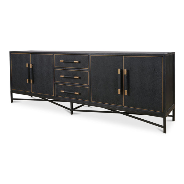 Moe's Home Mako Sideboard - Elegant Vegan Leather Shagreen Storage With Antique Gold Details And 6 Drawers Black Solid Oak In Frame,Pu Vl-1061-02