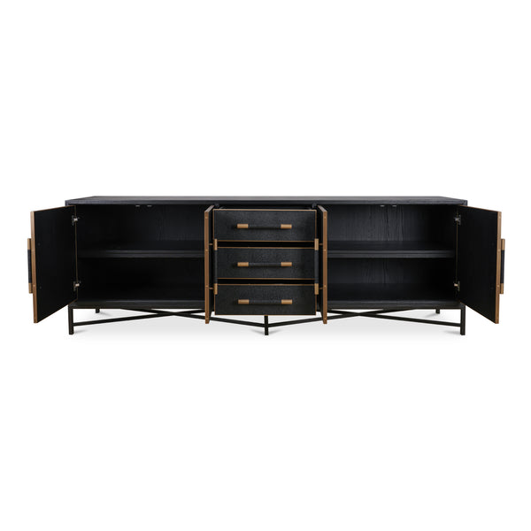Moe's Home Mako Sideboard - Elegant Vegan Leather Shagreen Storage With Antique Gold Details And 6 Drawers Black Solid Oak In Frame,Pu Vl-1061-02