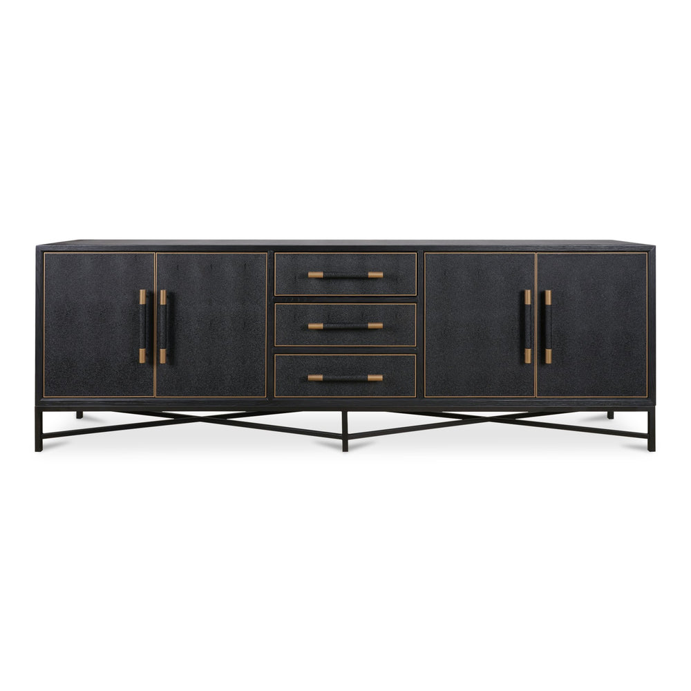 Moe's Home Mako Sideboard - Elegant Vegan Leather Shagreen Storage With Antique Gold Details And 6 Drawers Black Solid Oak In Frame,Pu Vl-1061-02