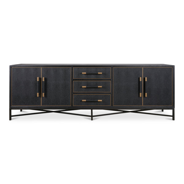 Moe's Home Mako Sideboard - Elegant Vegan Leather Shagreen Storage With Antique Gold Details And 6 Drawers Black Solid Oak In Frame,Pu Vl-1061-02