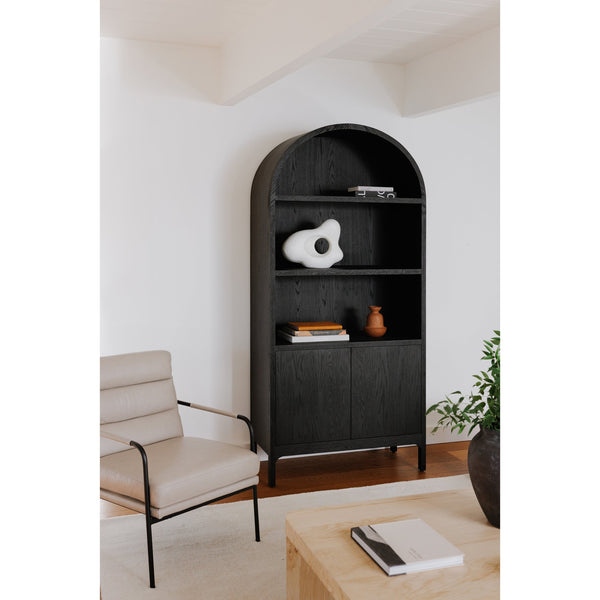 Moe's Home Wilde Display Cabinet: Elegant Solid Oak Storage Solution With Architectural Design And Versatile Style Black Solid Oak,Oak Veneer Vl-1067-02
