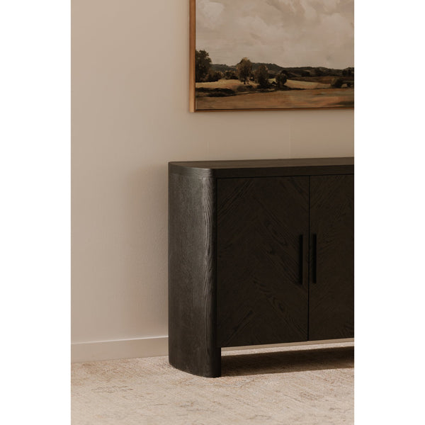 Moe's Home William Sideboard: Modern Herringbone Design With Parquetry Pattern For Stylish Storage Solutions Black Oak Veneer Over Mdf,Metal Handle Vl-1089-02
