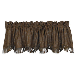 Hiend Accents Fringed Faux Leather Valance - Elegant Scalloped Design With Floral Paisley Embossing & Fringes Brown 100% Polyester Vl1004