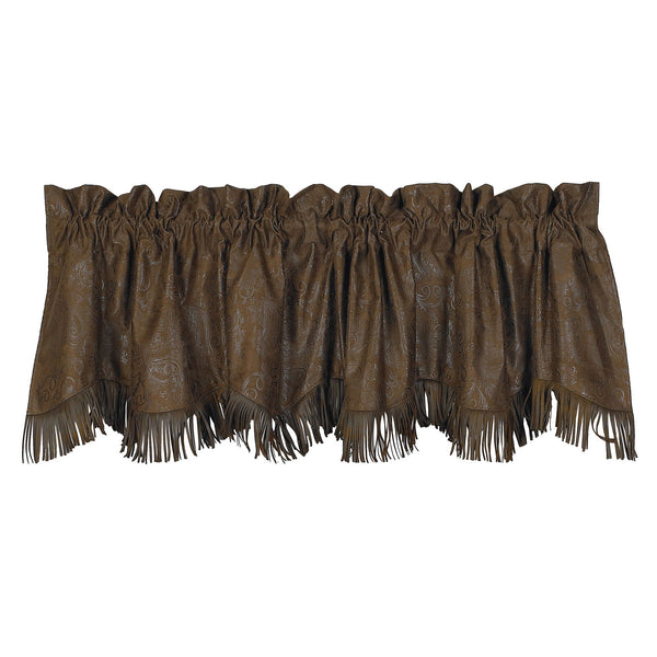 Hiend Accents Fringed Faux Leather Valance - Elegant Scalloped Design With Floral Paisley Embossing & Fringes Brown 100% Polyester Vl1004