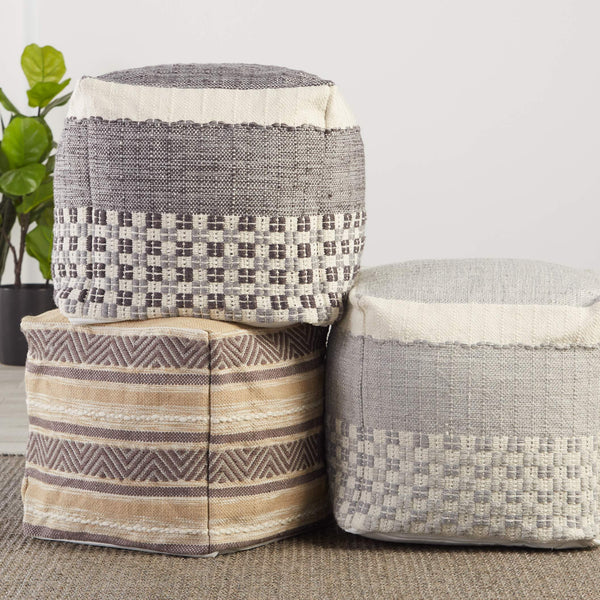 Jaipur Living Jaipur Living Seaton Handwoven Geometric Pouf Indoor Outdoor Neutral Cube Footrest Gray POF100502