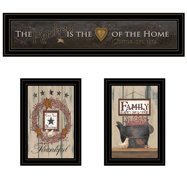 English Elm "the Primitive Kitchen" 3 Panel Farmhouse Wall Art Set with Matte Black Wood Frames B06787818