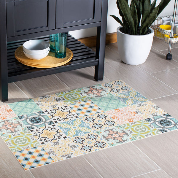 Safavieh Vinyl Area Rug - Elegant & Durable Design With Artistic Patterns For Modern And Classic Spaces Blue ,Yellow Polyvinyl Chloride (Pvc) Vnf112m-6