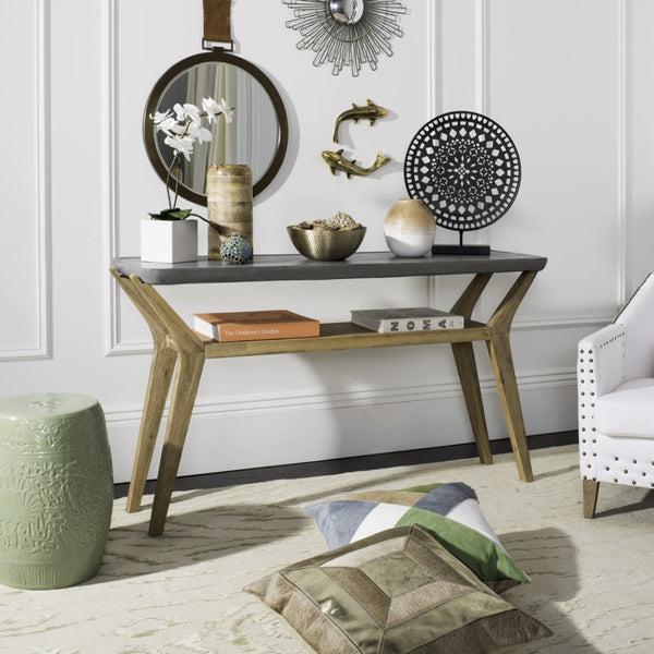 Safavieh BABETTE Modern Indoor/Outdoor Console Table - Stylish Concrete Design with Acacia Wood Shelf 29.5" H VNN1020A