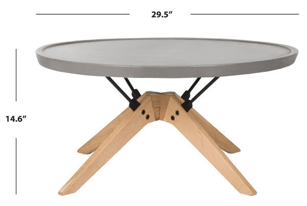 Safavieh BRYSON Modern Round Concrete Coffee Table for Indoor/Outdoor Use - Dark Grey with Oak Base VNN1026A