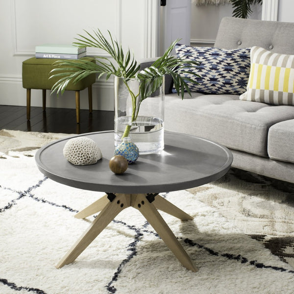 Safavieh BRYSON Modern Round Concrete Coffee Table for Indoor/Outdoor Use - Dark Grey with Oak Base VNN1026A