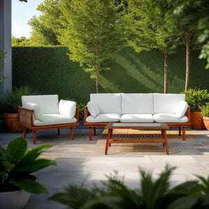 Lh Imports Vineyard Outdoor Sofa - Luxurious Teak & Olefin Fabric For Ultimate Comfort In Any Setting Brown,White Teak Wood,Olefin Fabric (100% Polypropylene),Foam,Fiber Fill,Polyester Rope Vny007