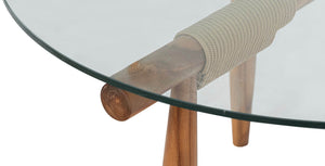 Lh Imports Vineyard Outdoor Round Coffee Table - Stylish Solid Teak, Glass Top & Polyester Rope For Comfort Brown,Clear Teak Wood,100% Polyester Rope,Clear Tempered Glass Vny033