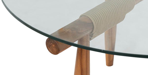 Lh Imports Vineyard Outdoor Round Coffee Table - Stylish Solid Teak, Glass Top & Polyester Rope For Comfort Brown,Clear Teak Wood,100% Polyester Rope,Clear Tempered Glass Vny033