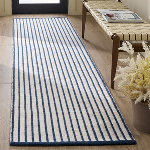 Safavieh Vermont Handwoven Round Rug In Navy Blue Striped Scandinavian Design — Wool-Cotton Low Pile Durability 6'-0" x 6'-0" VRM911N-6R