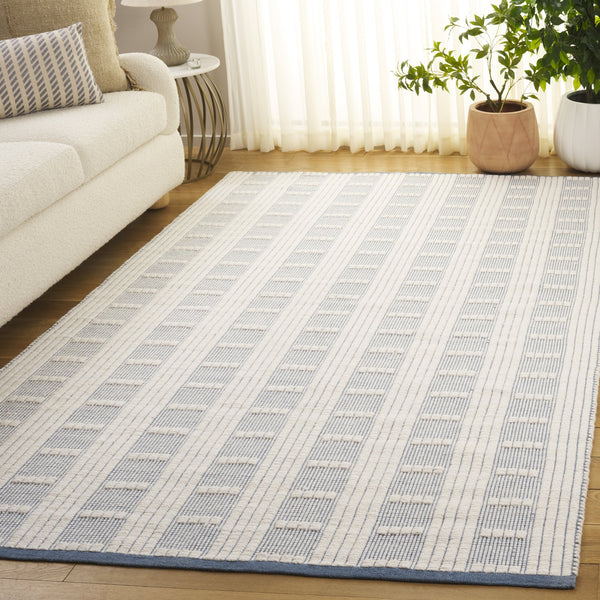 Safavieh Vermont Chic Area Rug Crafted In India – Modern Flatweave Design For Timeless Elegance And Comfort Blue ,Ivory 60% Wool,40% Cotton Vrm951m-5