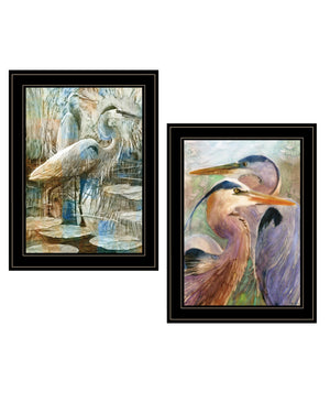 English Elm "blue Heron" Diptych Framed Wall Art Matte Black Wood Panels for Living Room or Bedroom B06789455