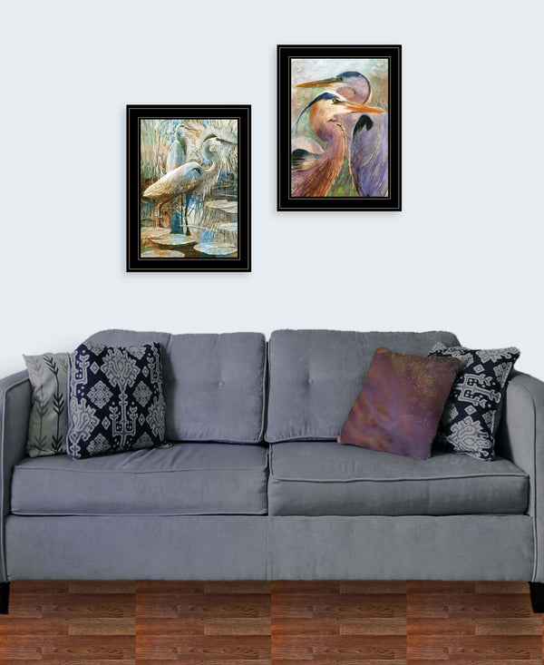 English Elm "blue Heron" Diptych Framed Wall Art Matte Black Wood Panels for Living Room or Bedroom B06789455