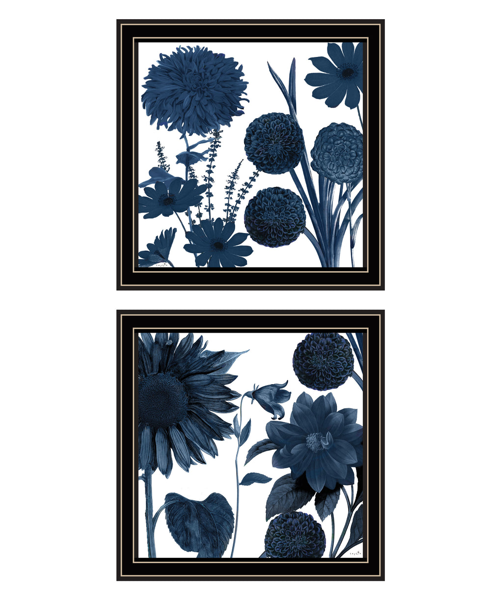 English Elm "sunflower Blues" Botanical Two-panel Framed Print with Matte Black Wood for Gallery Walls B06789473