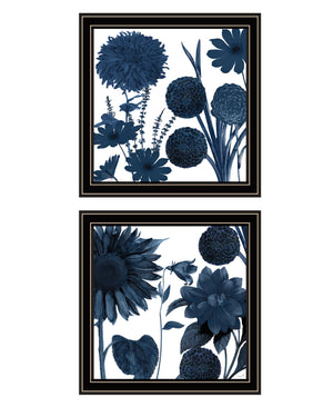 English Elm "sunflower Blues" Botanical Two-panel Framed Print with Matte Black Wood for Gallery Walls B06789473