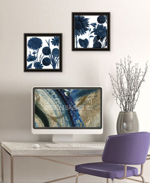 English Elm "sunflower Blues" Botanical Two-panel Framed Print with Matte Black Wood for Gallery Walls B06789473
